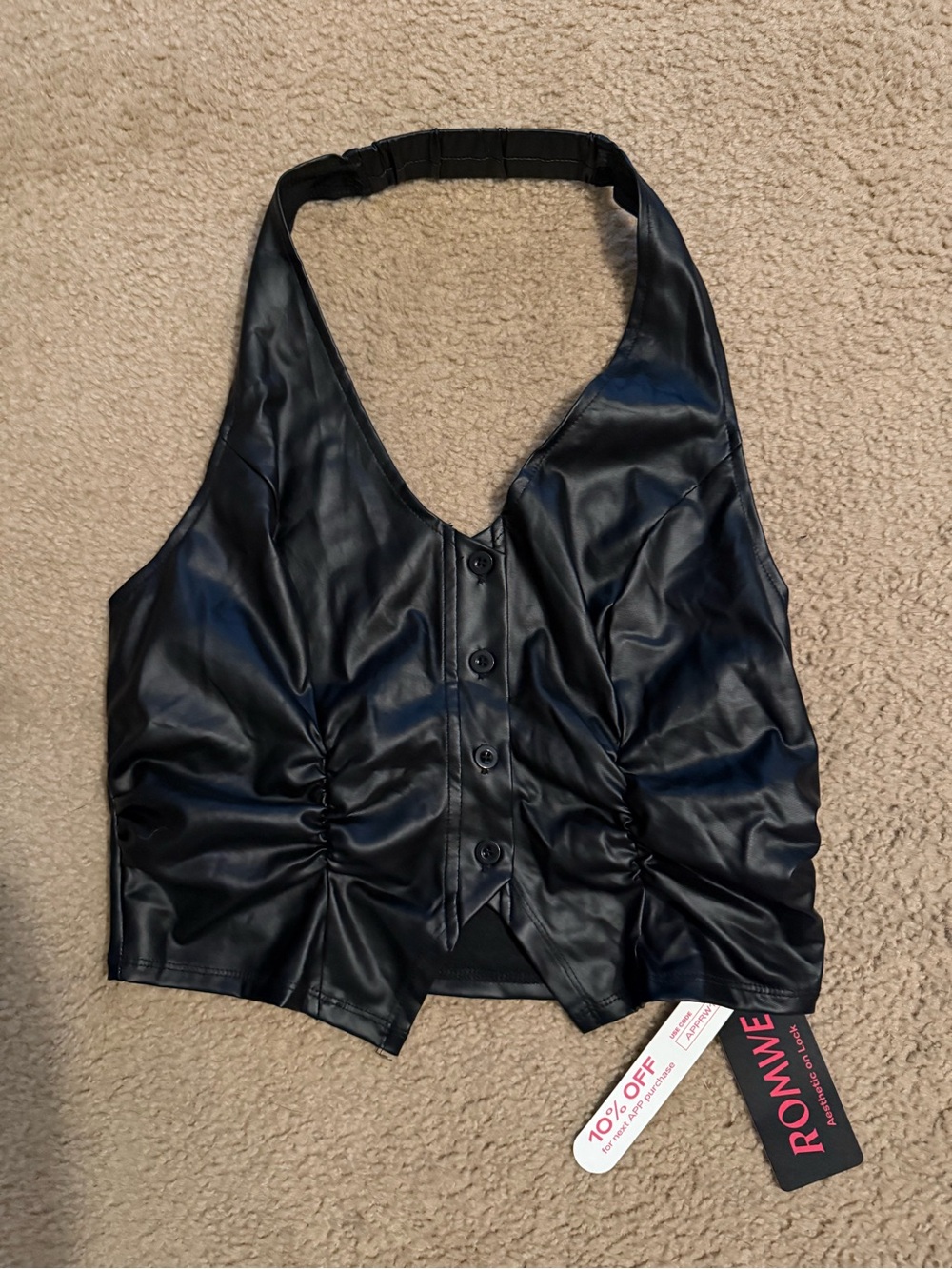 ROMWE Black Faux Leather Halter Button Crop Top